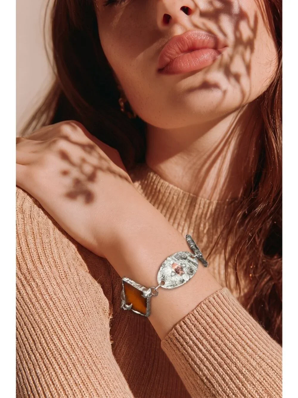 Amber Sea Glass Bracelet | Mixed Metal Silver & Copper Stamped Links |Adjustable
